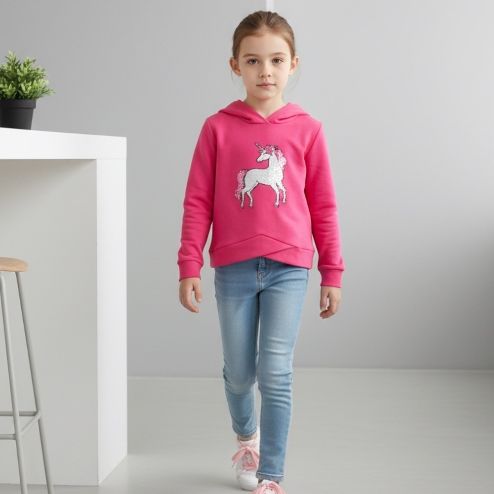 NWT Love Cameron Girls Pink Hoodie Embellished Unicorn w/Hair Scrunchy - Large